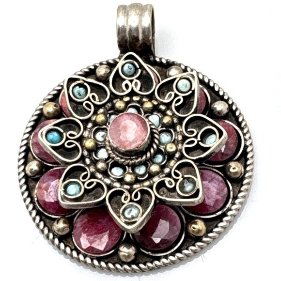 Bohemian Silver? Pendant Tourmaline Turquoise Box Handmade Nepal - Picture 1 of 7